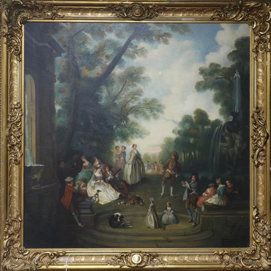 L.Schungel, oil on canvas garden scene with musicians, childrens and dogs 93 x 93cm.